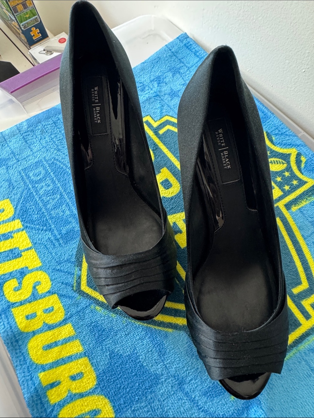 White House Black Market Black Satin Peep-Toe Pumps